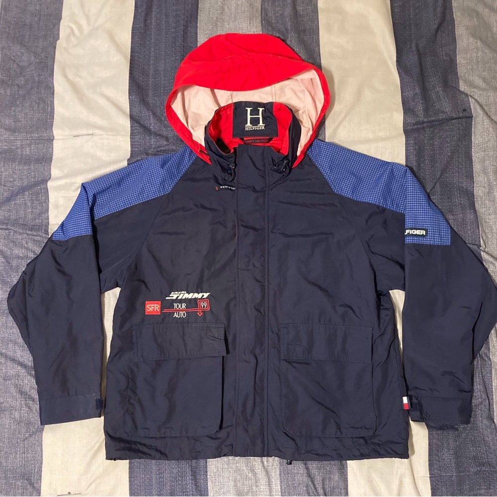 Vtg 90’s Tommy Hilfiger Mens Hooded Jacket Sz M Full Zip Logos Blue Red